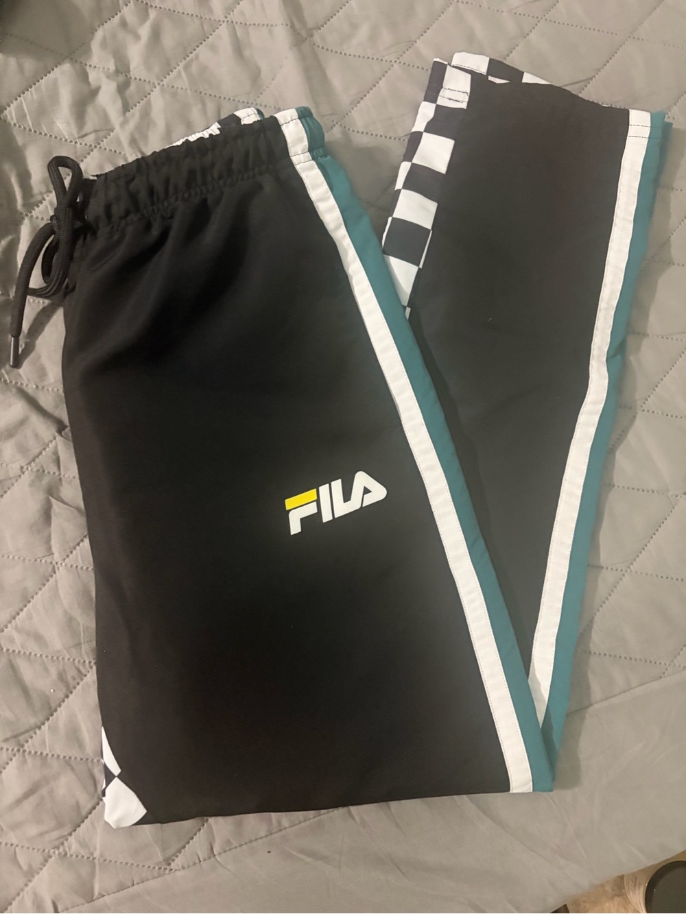 Fila Men’s Black Track Pants with Teal & White Trim checkered back